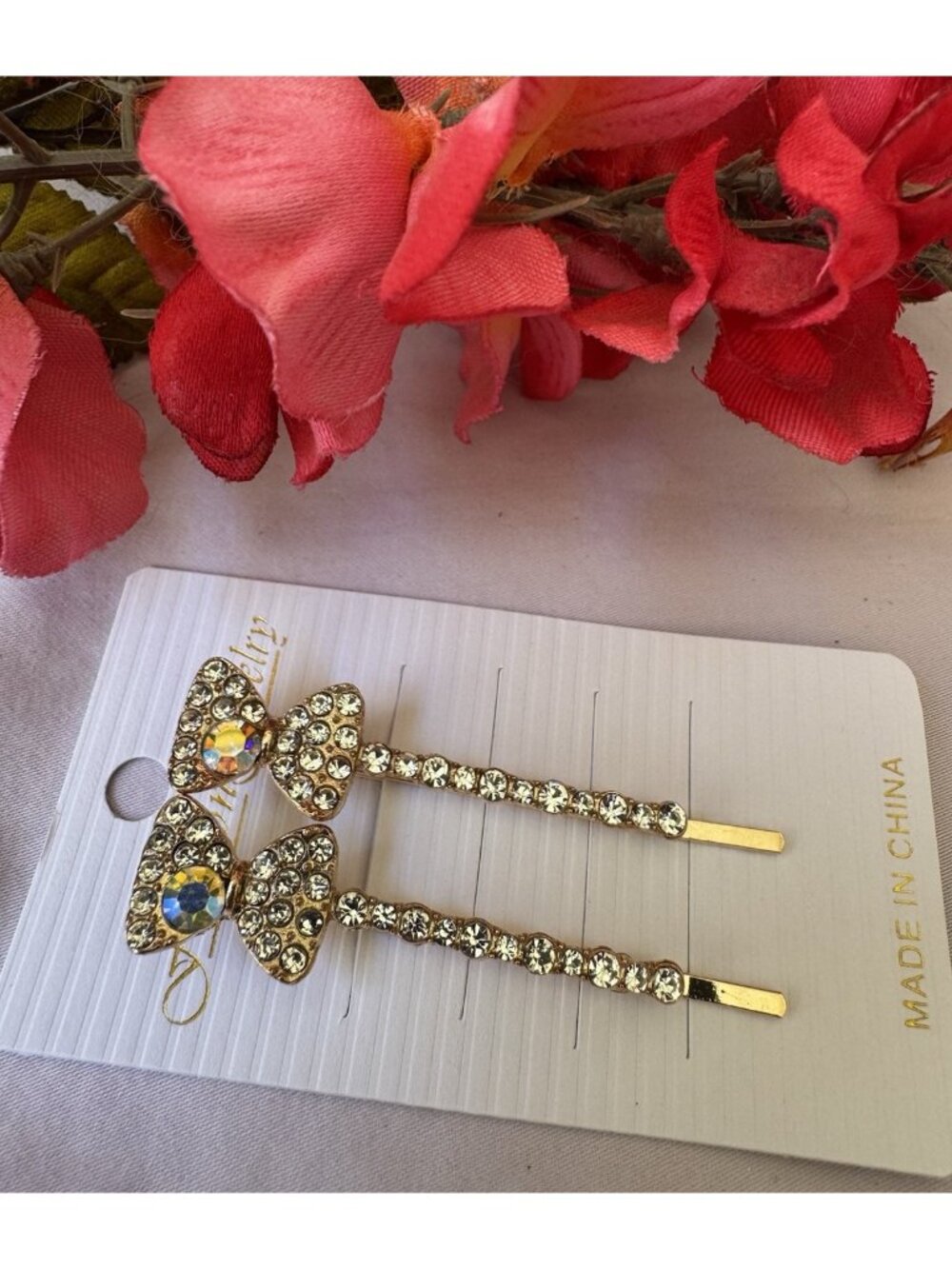 2 PC Set Hair Clips Pin Rhinestone Bow Bling Goldtone Crystal Rhinestone 2.5"